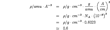 \begin{eqnarray*}
\rho/amu\cdot A^{-3} & = & \rho/g\cdot cm{}^{-3}\cdot\frac{g}{...
...{3}\\
& = & \rho/g\cdot cm{}^{-3}\cdot0.6023\\
& \simeq & 0.6\end{eqnarray*}