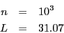 \begin{eqnarray*}
n & = & 10^{3}\\
L & = & 31.07\end{eqnarray*}